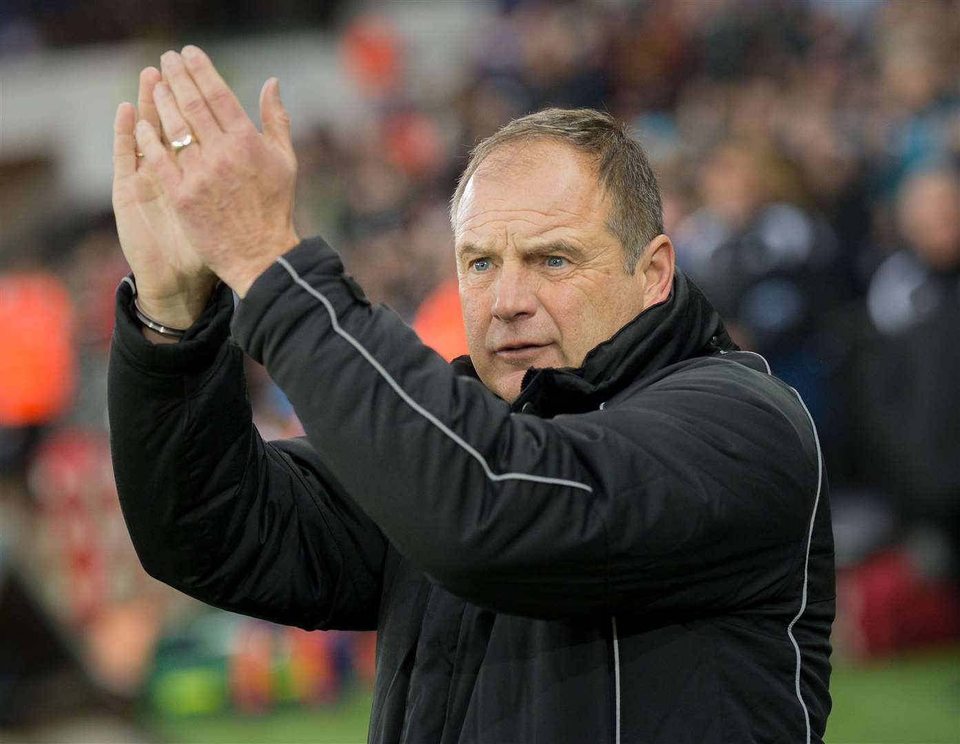Steve Lovell applauds the 1,400 travelling Gillingham fans at Swansea when the sides met in the FA Cup fourth round in 2019 Picture: Ady Kerry