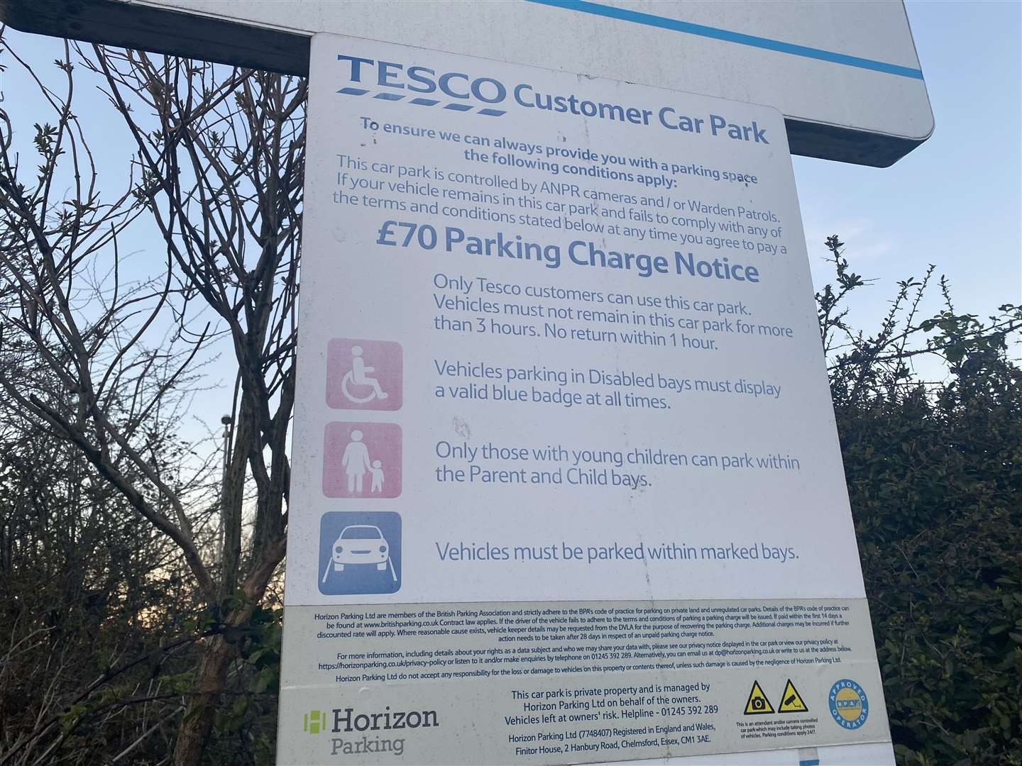 Signs in the car park at Tesco Extra in Whitfield, Dover, say customers will receive a fine if they park for longer than three hours