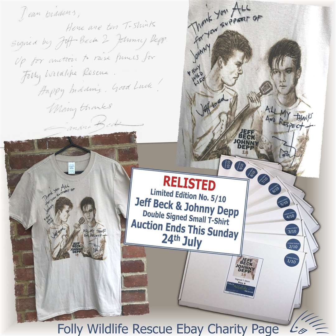 Jeff Beck and Johnny Depp signed T-shirts to raise money for the Folly Wildlife Centre. Picture: Folly Wildlife Rescue Facebook