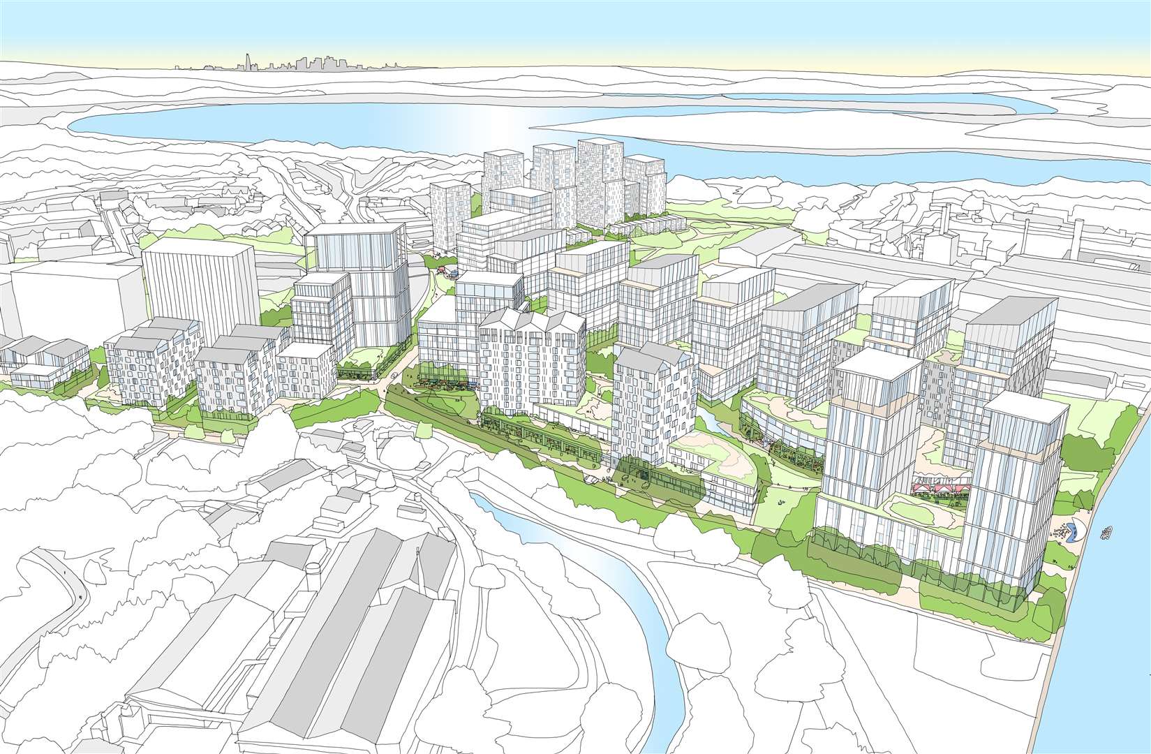 An aerial view of the proposals where thousands of homes are also planned. Photo: Northfleet Harbourside