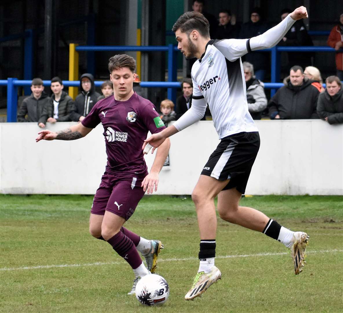 Dover forward George Nikaj comes up against King's Lynn loanee Tom Clifford on his Dartford debut during the Darts’ 2-1 National League South derby win on Saturday. Picture: Randolph File