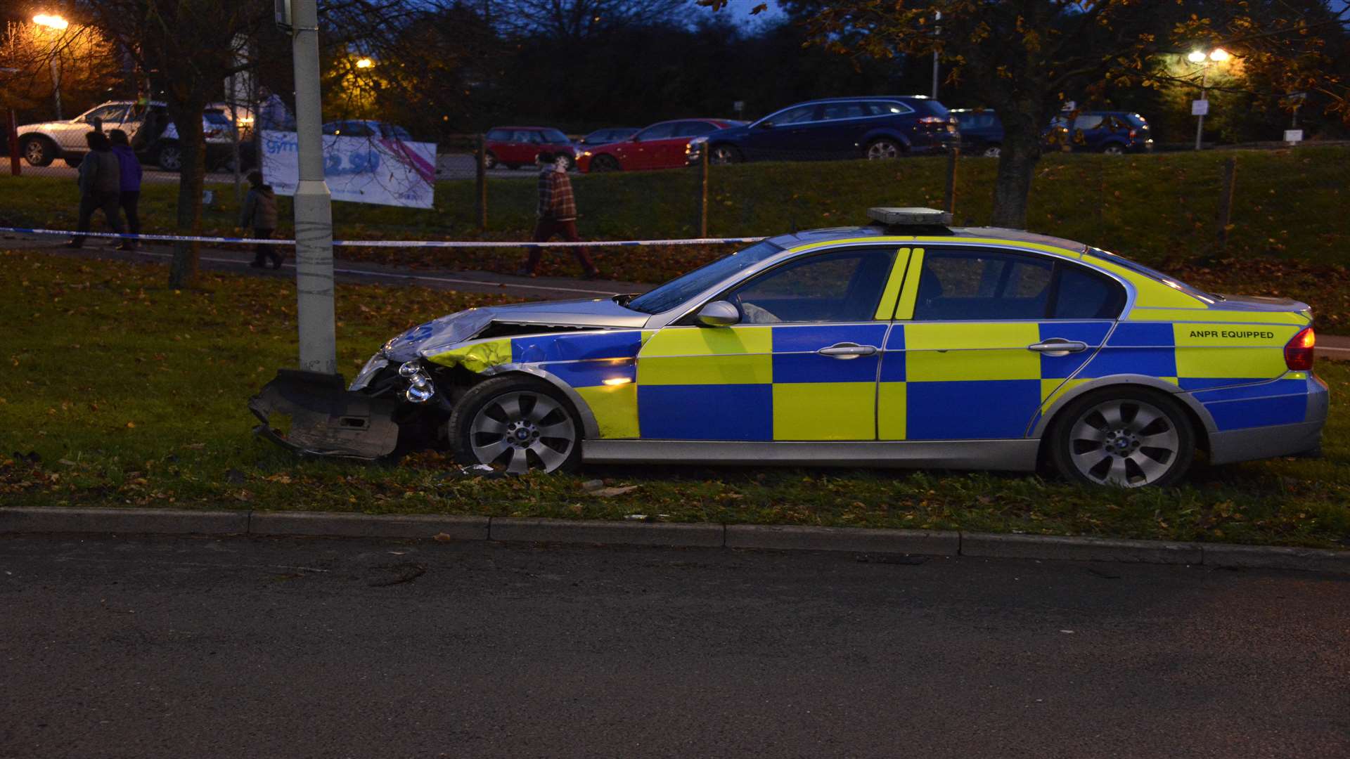 The police car that hit a lamppost after a chase through Ashford. Picture: Paul Amos