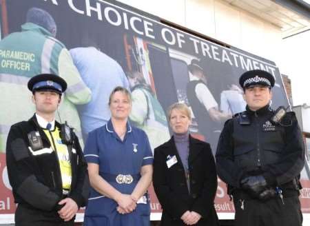 PCSO Peter Frampton, Jenny Ray, Lisa Sherratt and Sgt Phil Morley promoting a reduction of assaults on NHS staff