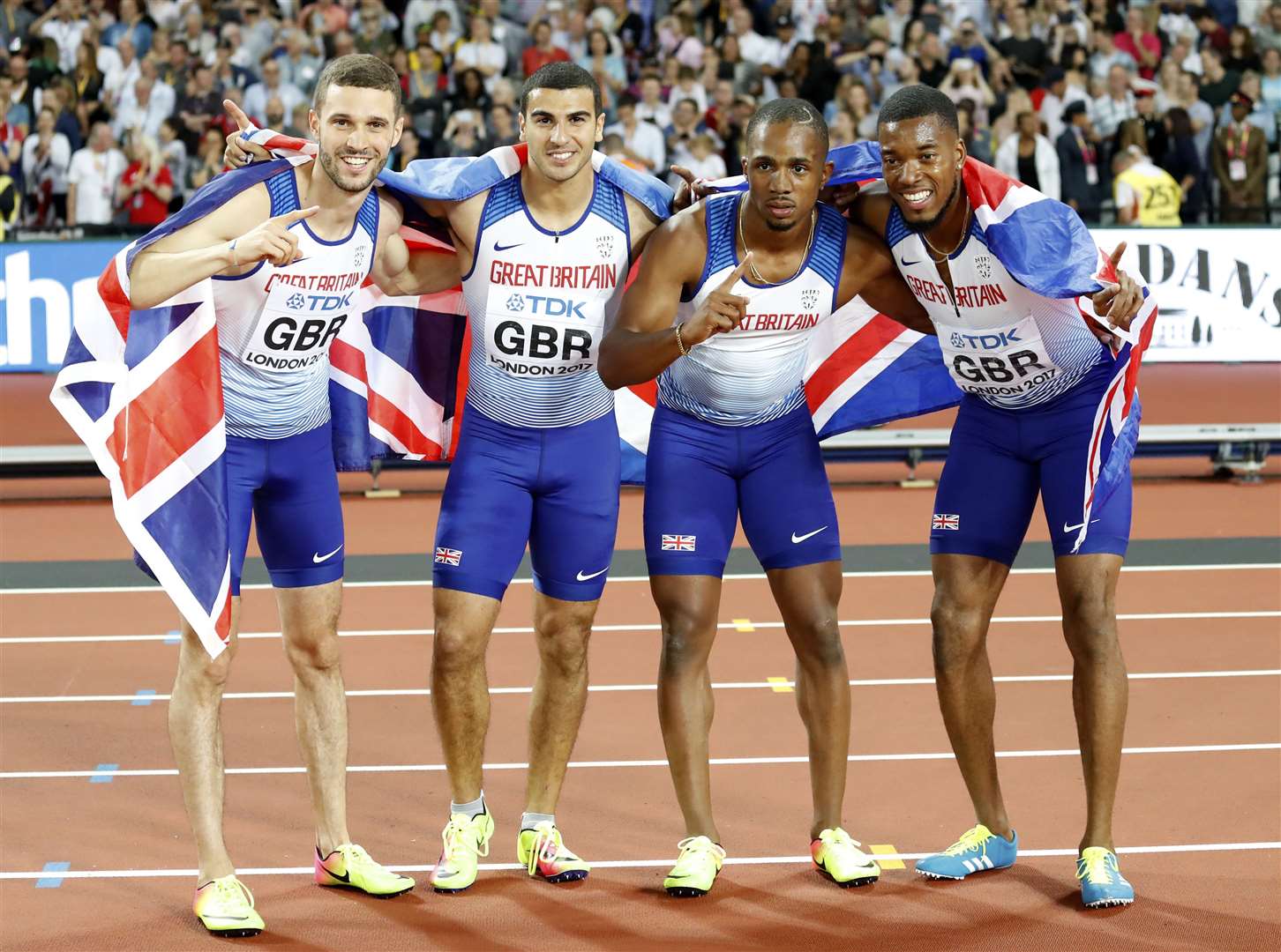 Team GB gold winners with Adam Gemili second from left. Picture PA Wire