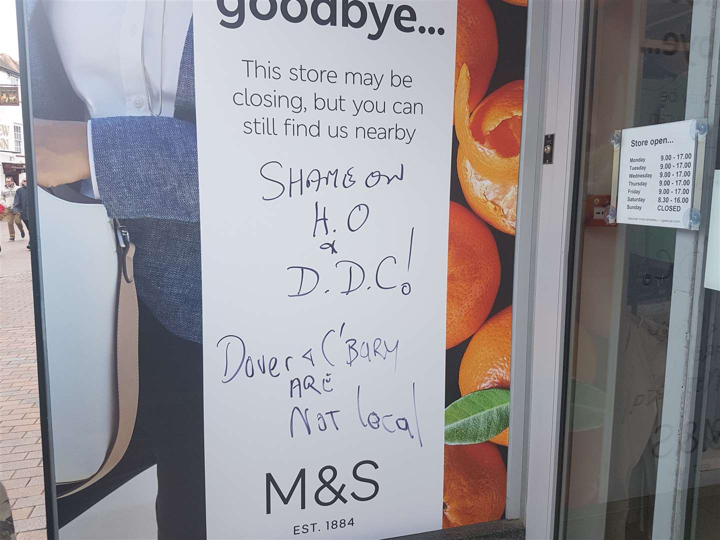 Some of the graffiti says that Dover District Council and Marks and Spencer should be ashamed