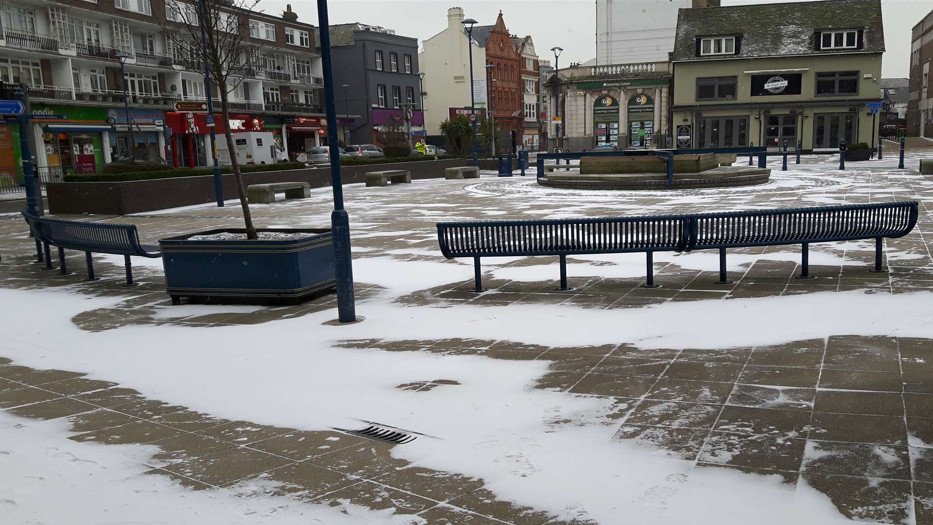 Market Square, Dover, had only a few splatterings of the white stuff