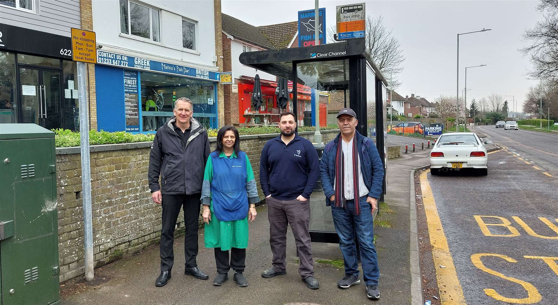 All four business owners are calling for action to reverse the closure; from the left to right: Simon Hall of Hall Hair, Bella Patel of Savers Newsagents, Orthy Karios and Yakup Yalcin from Ashford Dry Cleaners