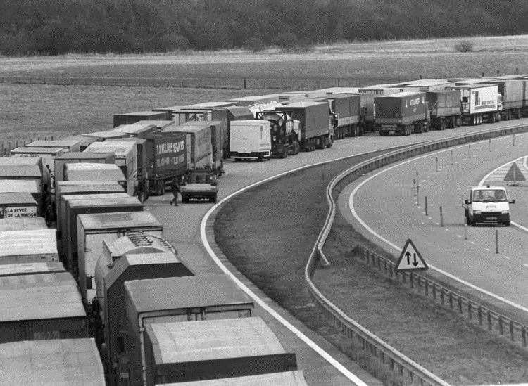 A queue of lorries on the M20, caused by the docks strike at Folkestone in 1988
