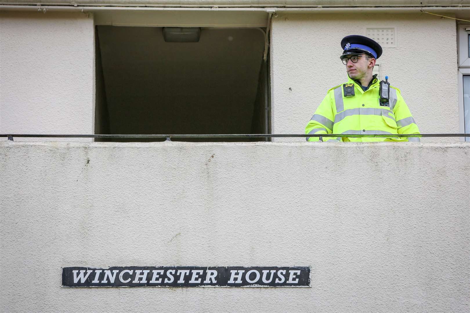 Police at the scene at Winchester House, Cambridge Crescent, Shepway. Picture: Matthew Walker
