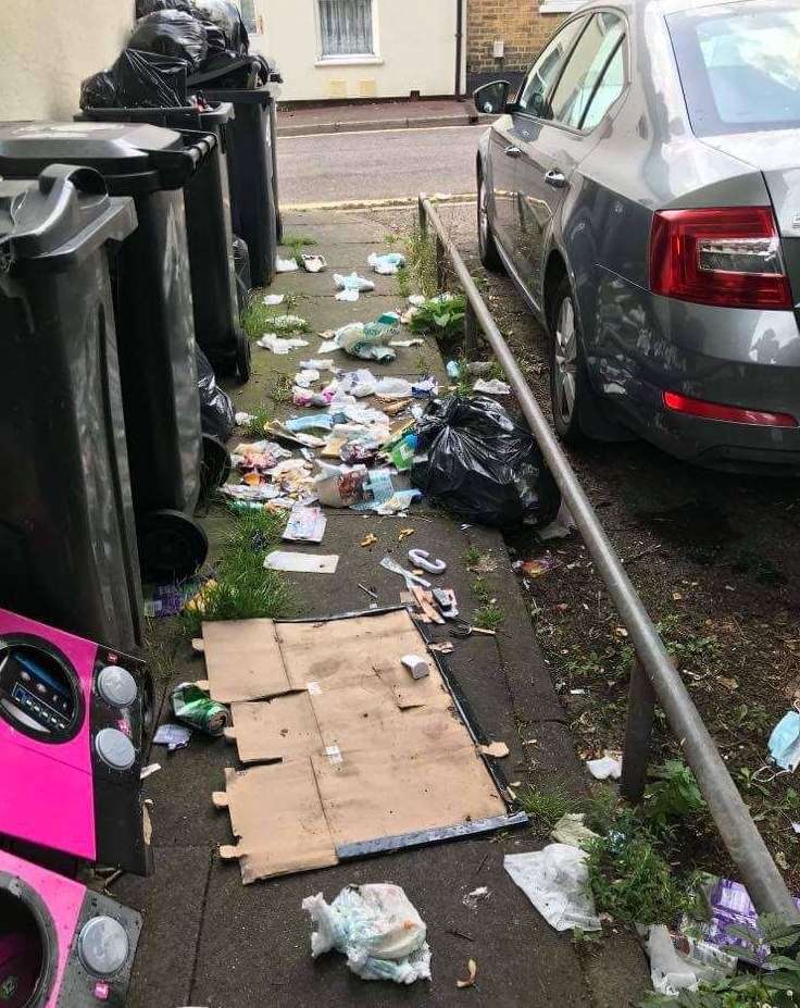 Nappies and rubbish has been scattered across Woollett Street. Picture: Joanna Wratten