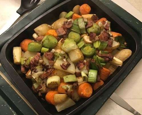 Tuesday's dinner of roasted vegetables with bacon, shared between three, was, although delicious, not filling at all