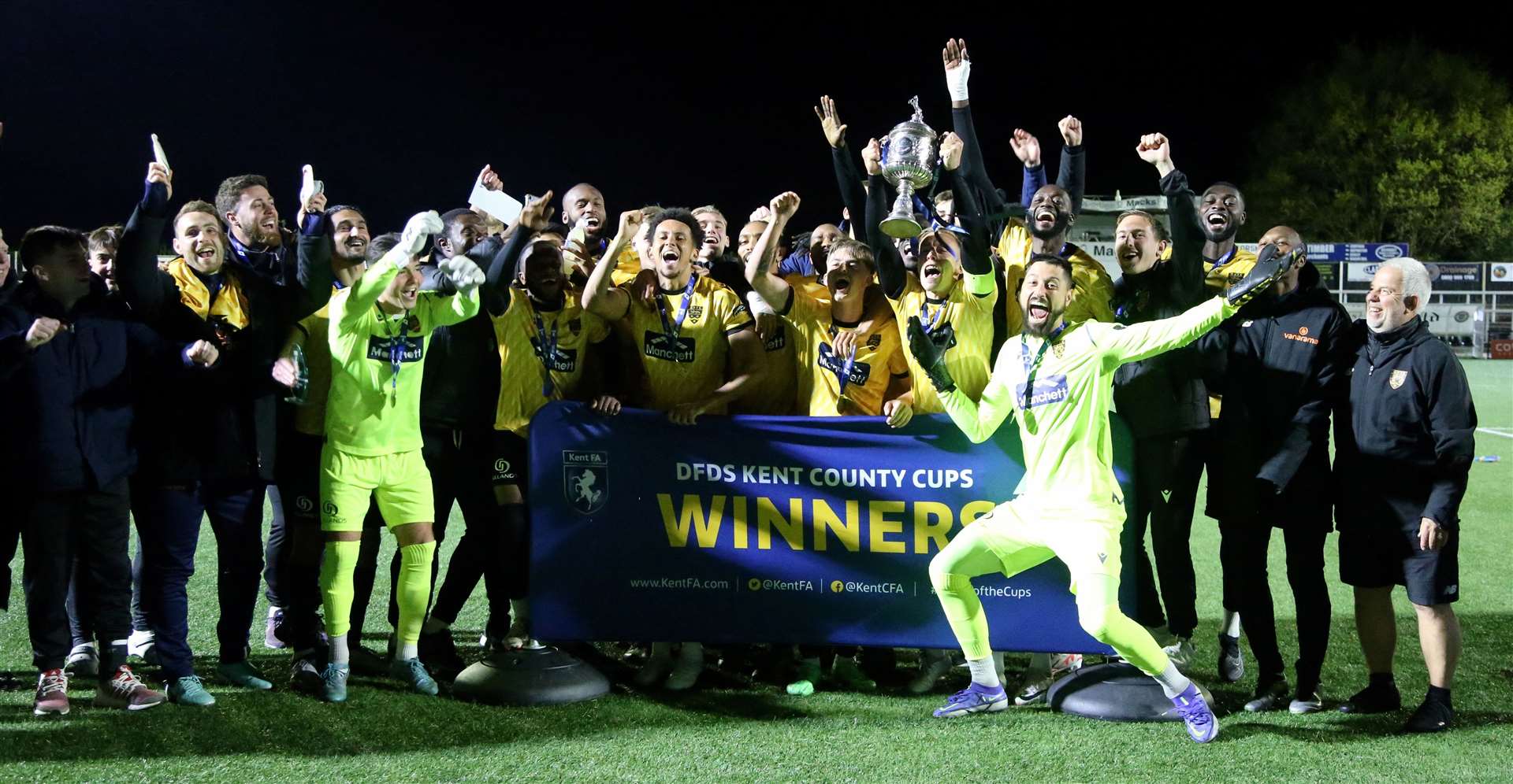 Maidstone lift the Kent Senior Cup after beating Ebbsfleet 4-0 in the final at Hayes Lane. Picture: PSP Images