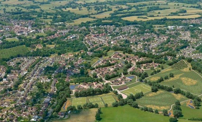 This aerial CGI shows the proposed Wates development in context with the rest of Tenterden
