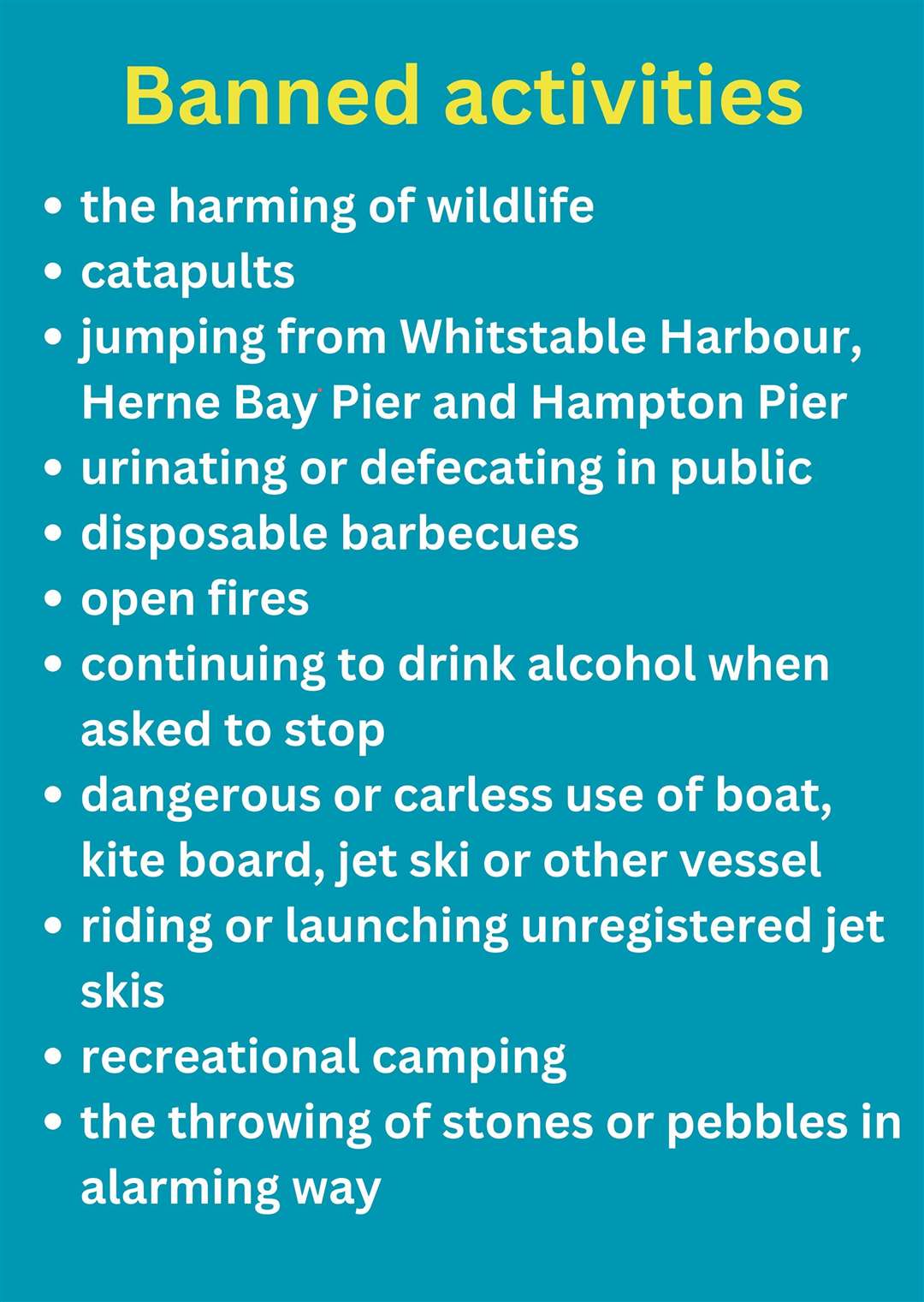 The activities banned under the new coastal PSPO, which comes into effect on April 1