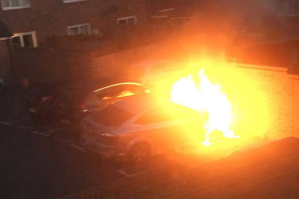The car on fire this morning in Tunbridge Way. Pic by Shannon Curtis