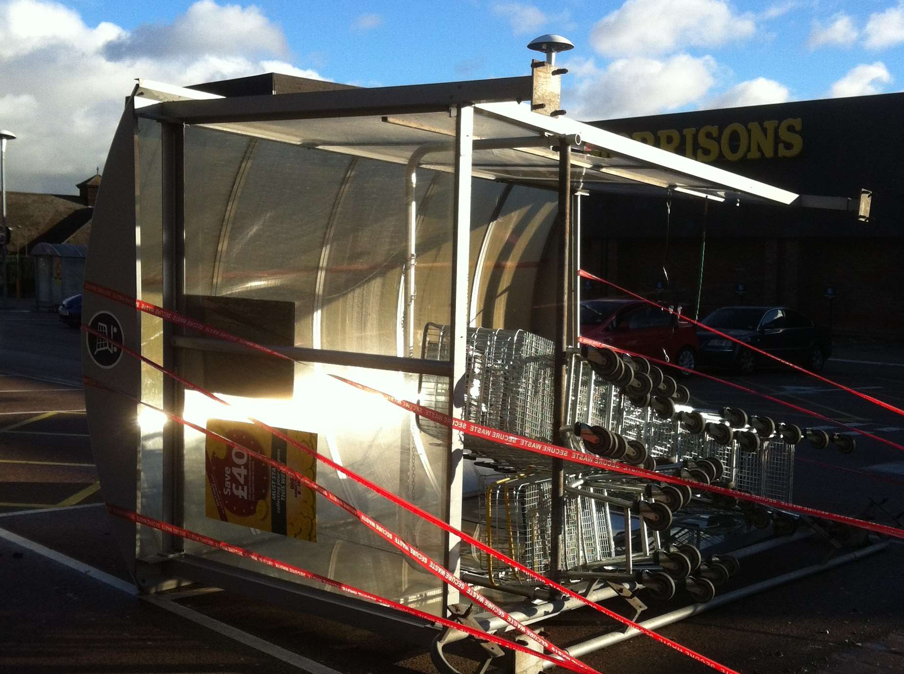 A trolley shelter collapsed in the wind in Morrisons, Chatham Princes Park. Picture: Krzysztof Telesinski