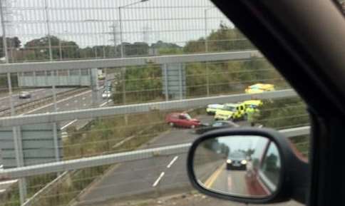 Two cars have collided on the slip road. Picture: @adam_jeal