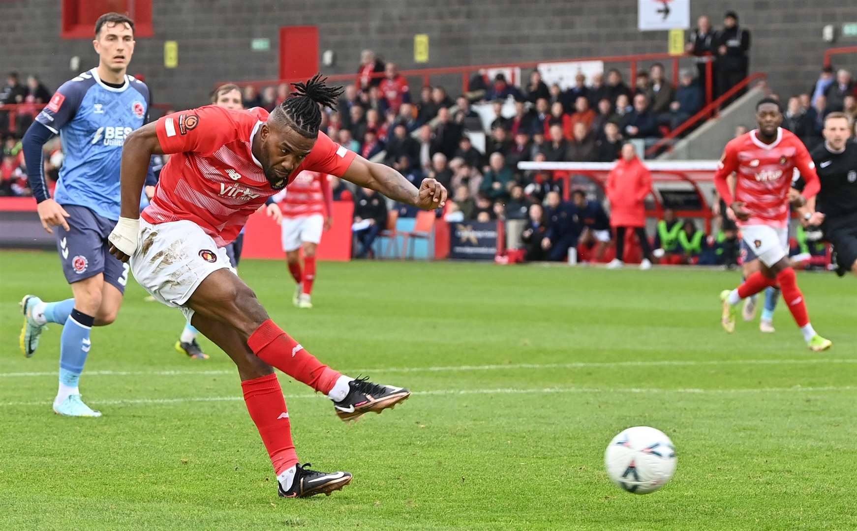 Dominic Poleon shoots wide for Ebbsfleet in the first half on Sunday. Picture: Keith Gillard
