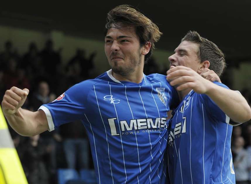 Bradley Dack celebrates his goal with Cody McDonald Pic: Barry Goodwin