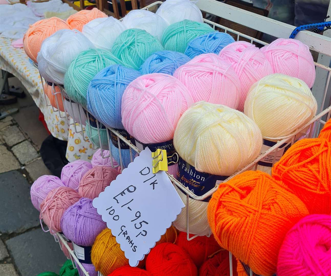 Lyn Thompsett's wool and knitting stall in Canterbury High Street