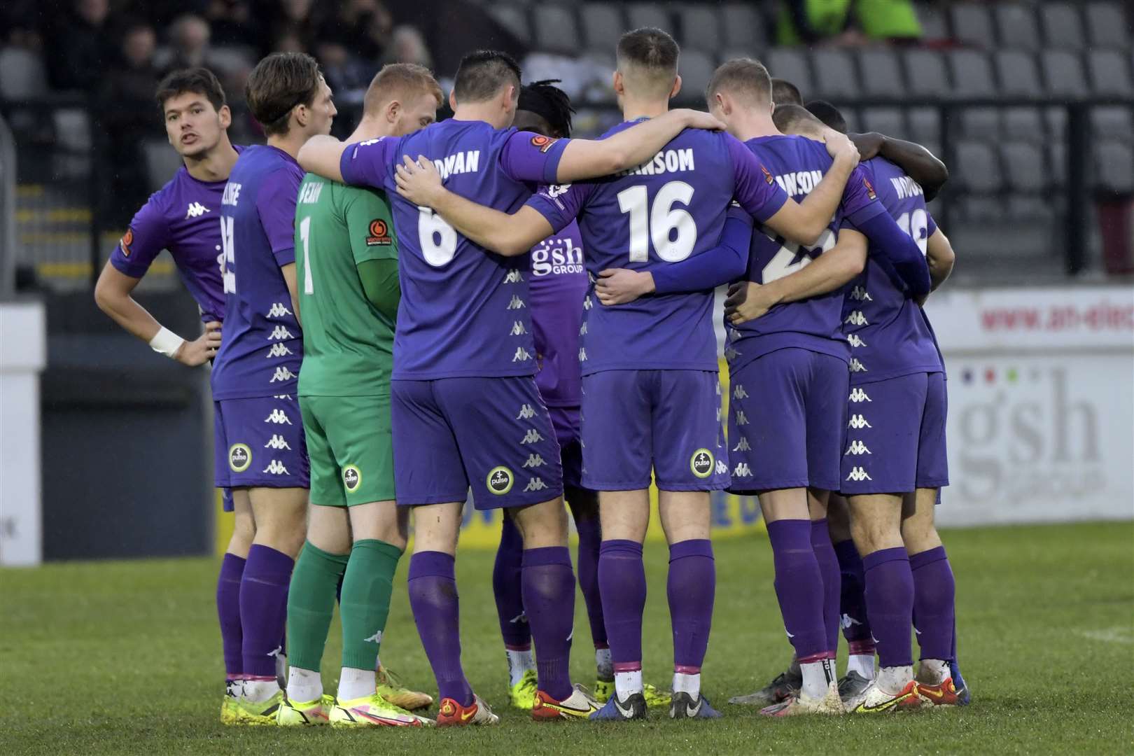 Pre-match huddle for the home side in their change kit of all purple. Picture: Barry Goodwin (53955766)