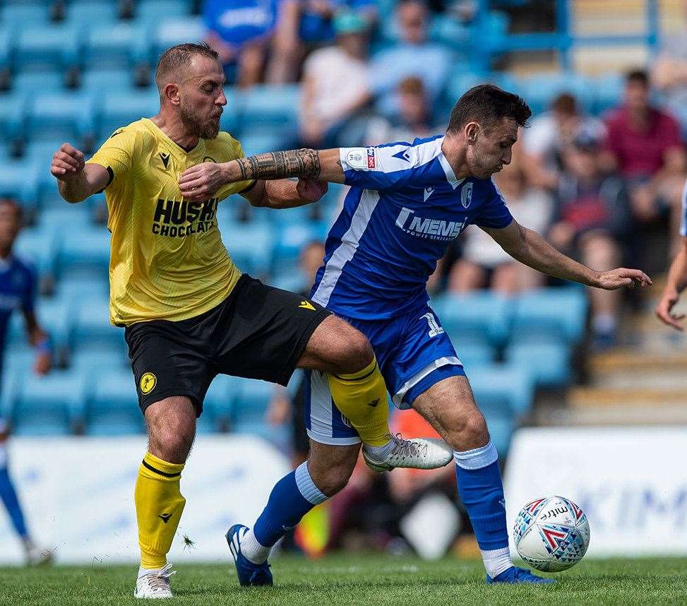 Match action between Gillingham and Millwall as Nathan Thomas looks to make something happen Picture: Ady Kerry (14082831)