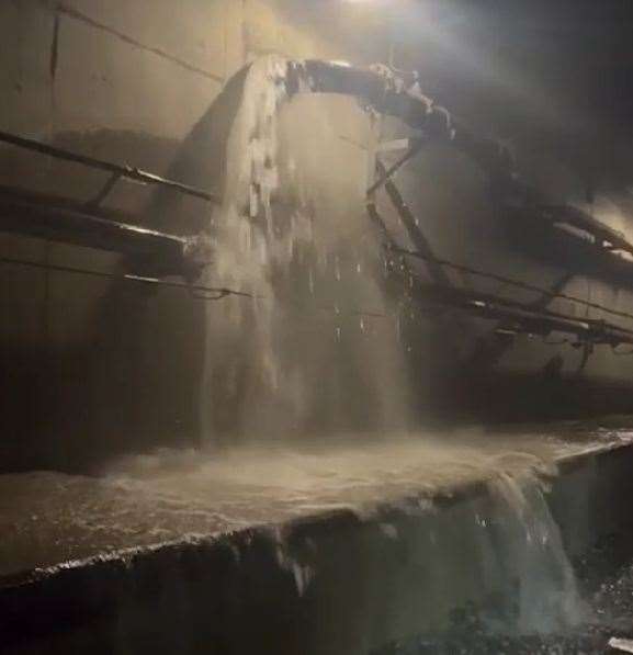 Water gushing into the tunnel near Ebbsfleet, leading to the widespread cancellation of trains. Picture: Southeastern