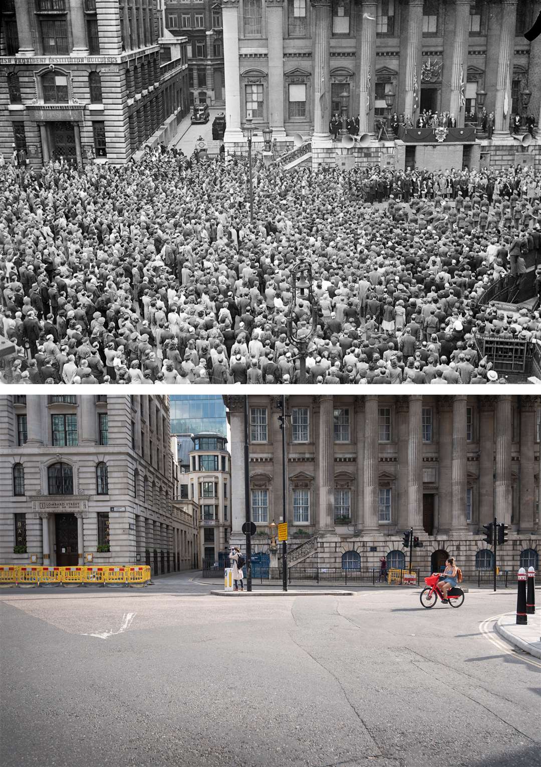 Huge crowds at Mansion House, with the Lord Mayor of London on the balcony, in 1945 – and sparse scenes today (PA)