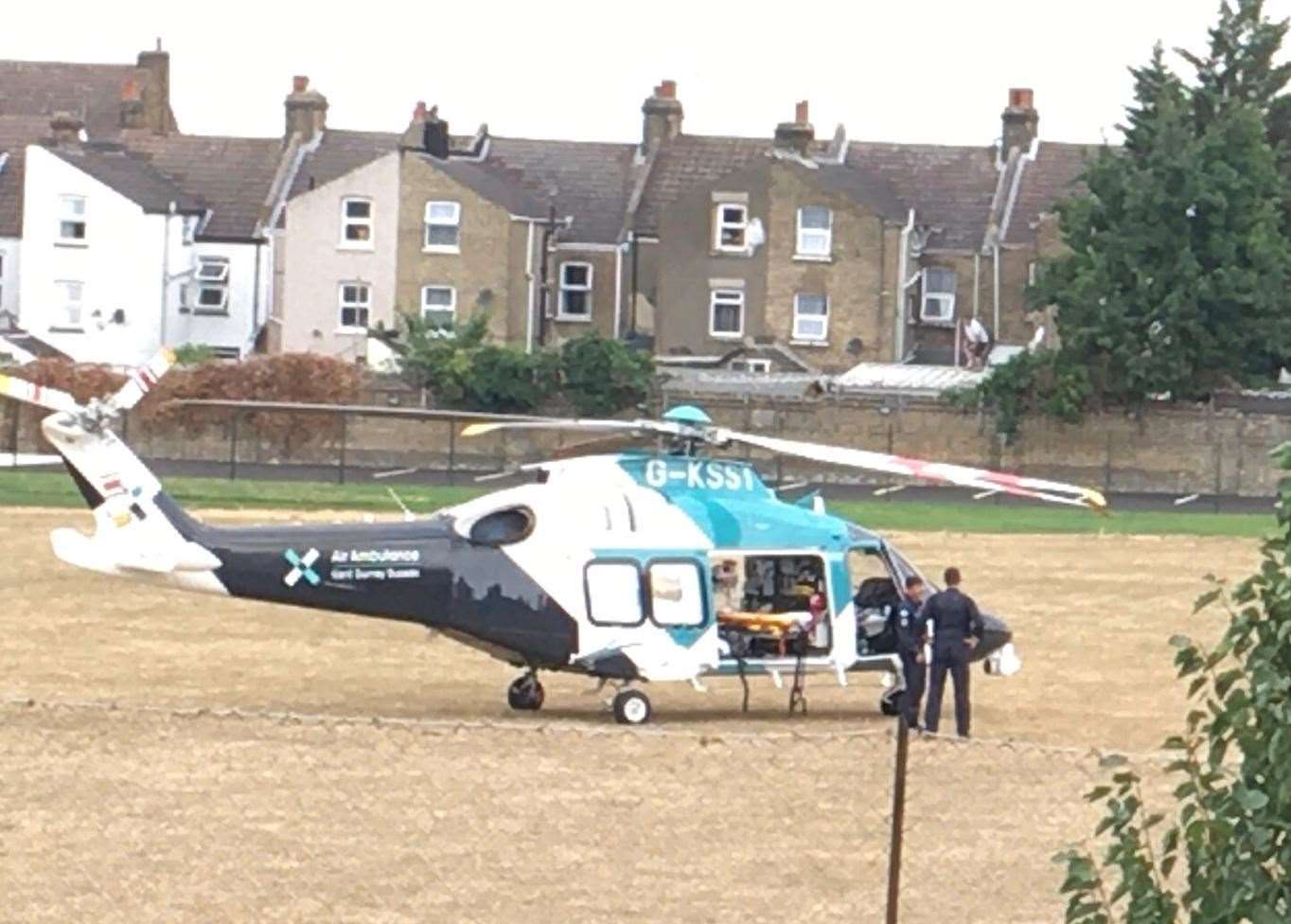 The air ambulance landing near Mayfield Grammar School in Gravesend