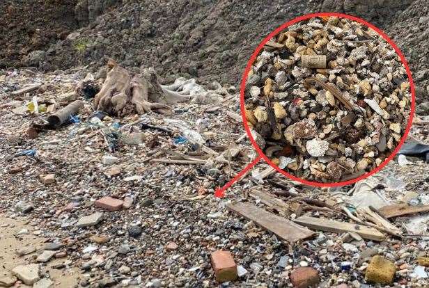 What appears to be pebbles along the beach in Warden, Sheppey, is in fact all polystyrene. Picture: Lenny Johnson and Megan Carr