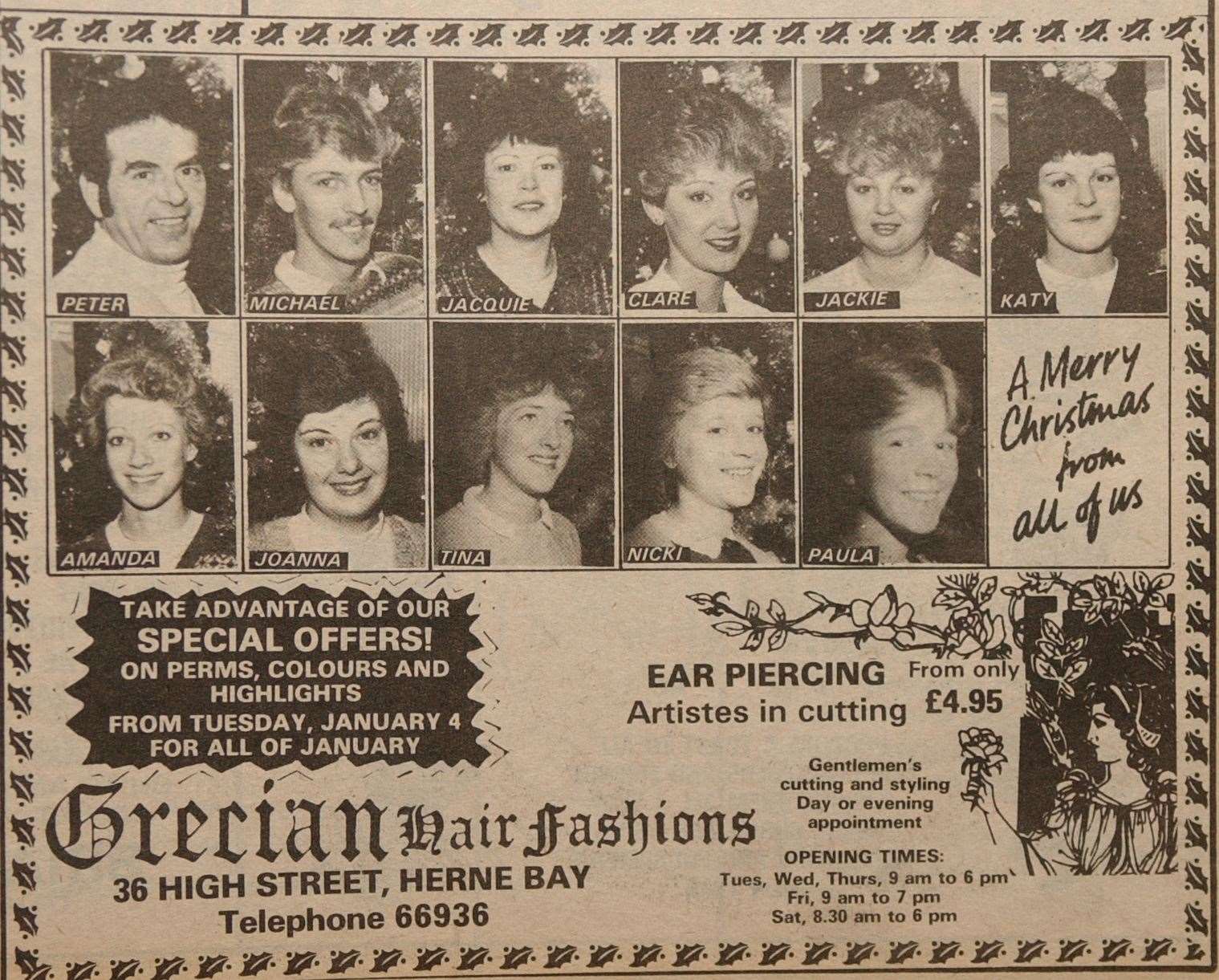 Special offer on perms at Grecian Hair Fashions in a 1982 Herne Bay Gazette advert