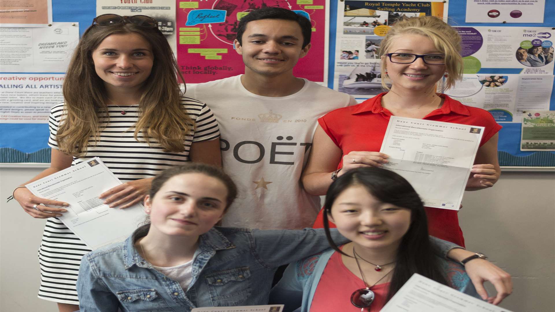Dane Court Grammar School students with their results: (Back row) Abigail Baker, Shayan Ashfaque and Leonie Lewis. (Front row) Irma Cechladze and Yu Meng Li