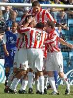 TOO EASY: Sunderland's players celebrate their third goal at Priestfield. Picture: GRANT FALVEY