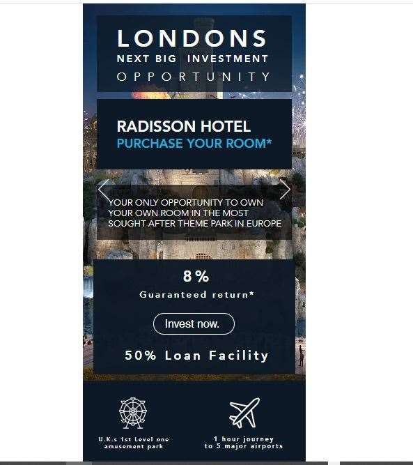Hotel rooms are still being offered for sale to potential investors as part of the London Resort proposals on the Swanscombe Peninsula. Photo: Screengrab