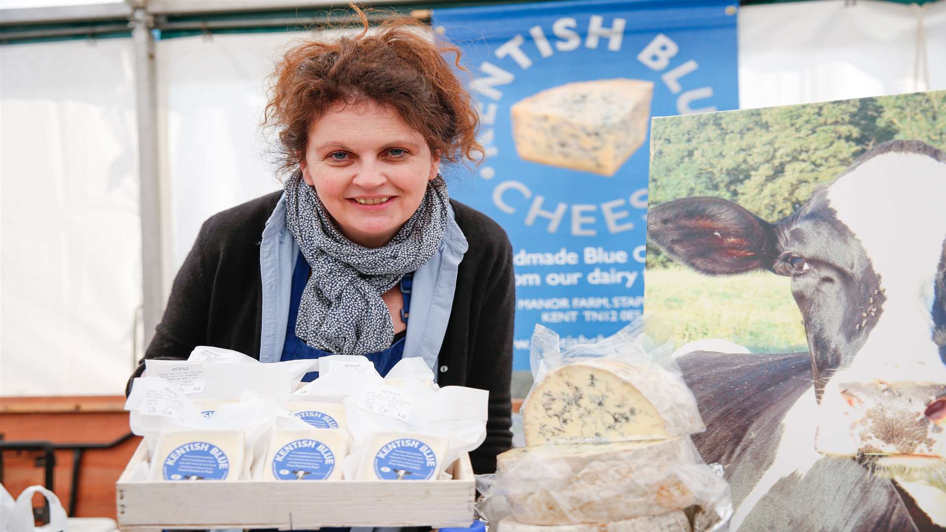 Karen Reynolds from Kingcott Dairy tempting visitors with some Kentish blue cheese