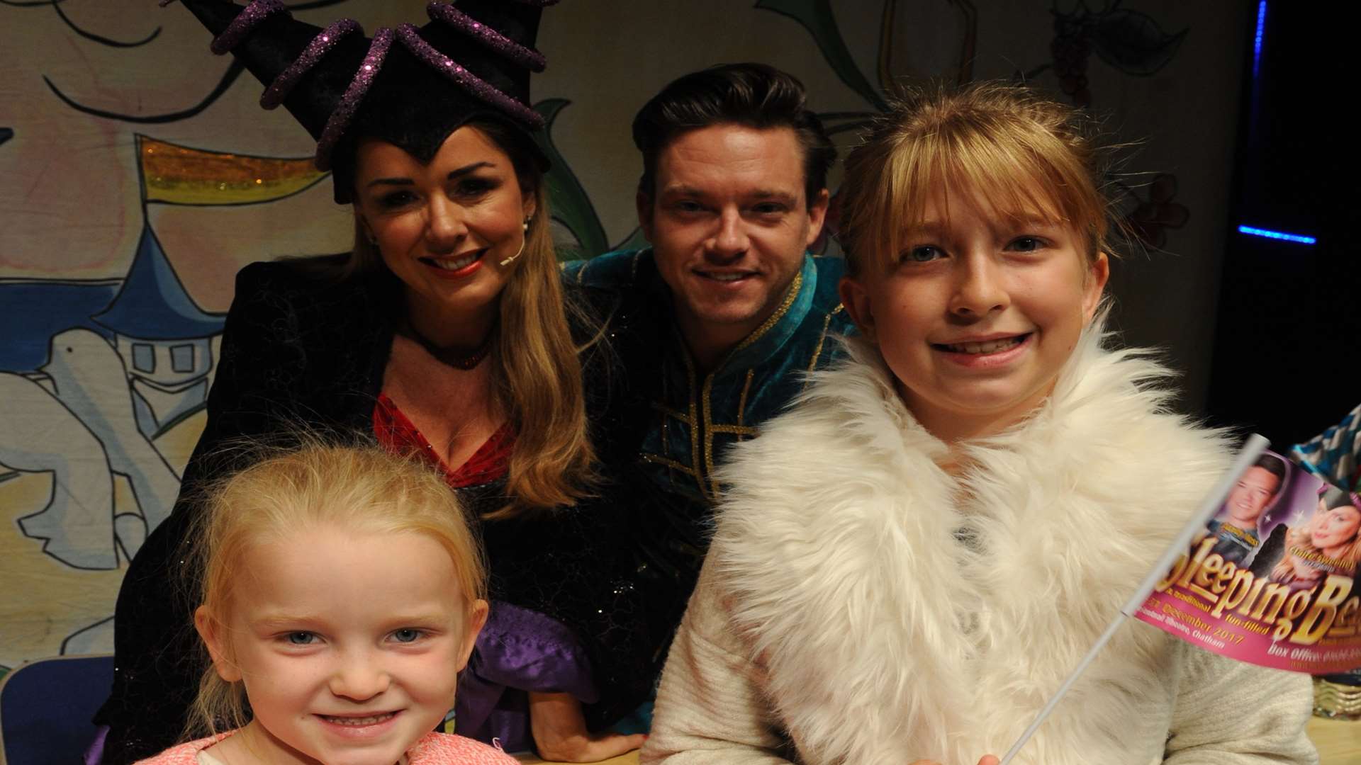 Claire Sweeney and Andy Moss meet Lily and Sophia Kirk at the launch of the Central Theatre's panto, Sleeping Beauty Picture: Steve Crispe