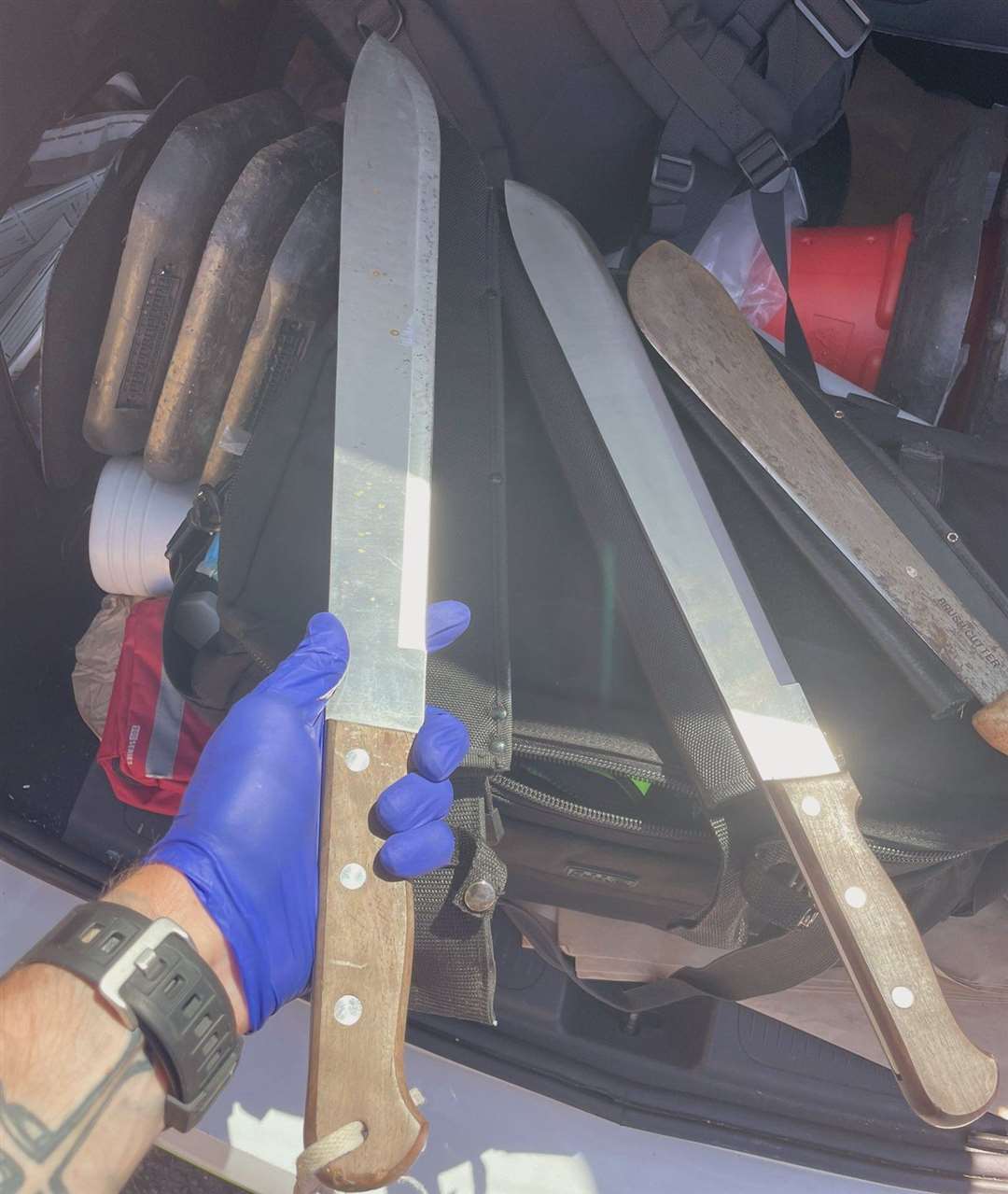 Police reportedly seized various weapons following a stop and search near Dartford yesterday. Photo: @KPTacOps