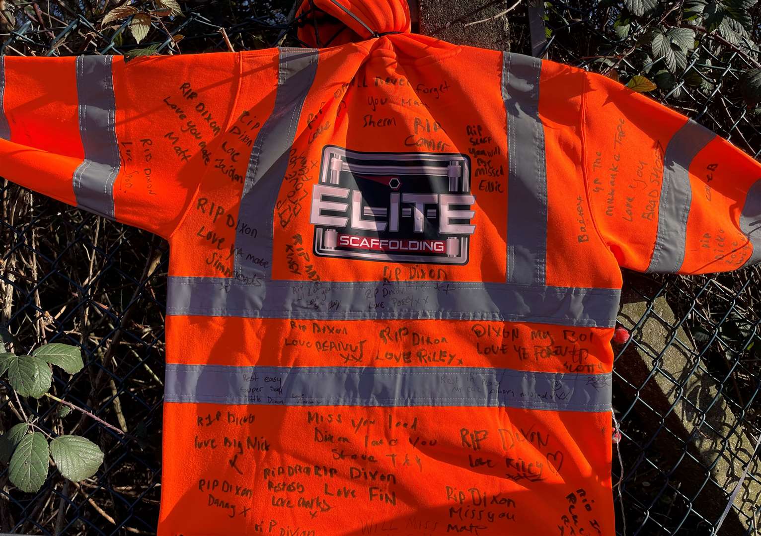 Messages from his work colleagues have been left on a hi-vis jacket