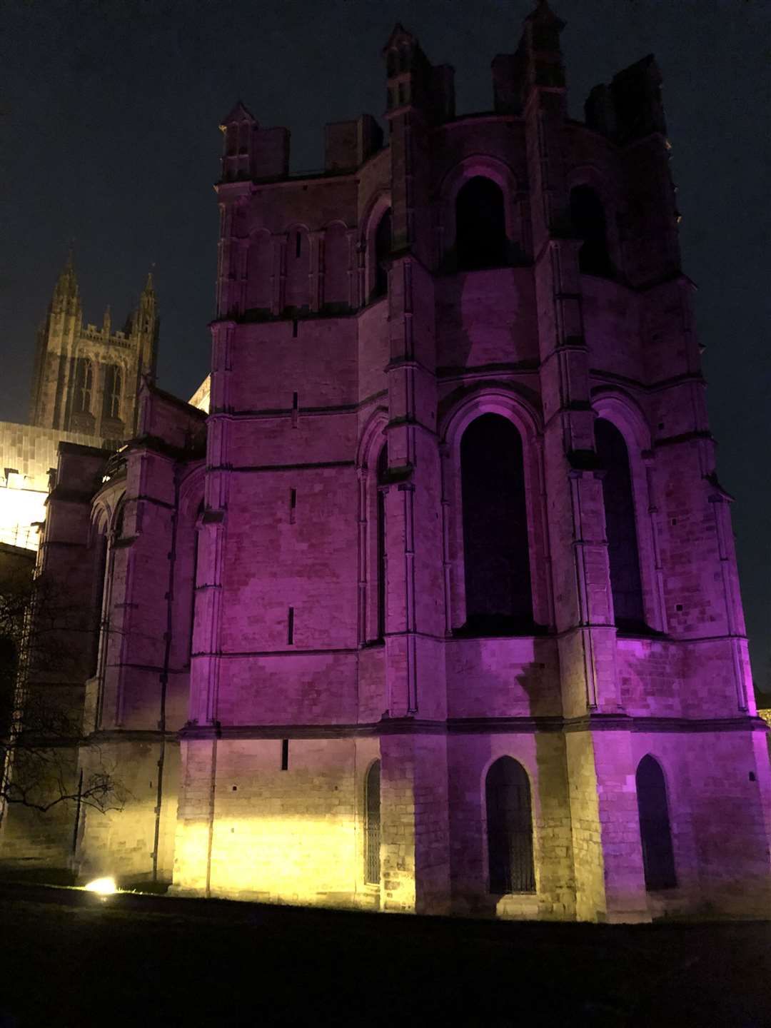 Canterbury Cathedral's Corona tower has been illuminated with purple lights this evening, to mark Holocaust Memorial Day. Picture: Canterbury Cathedral