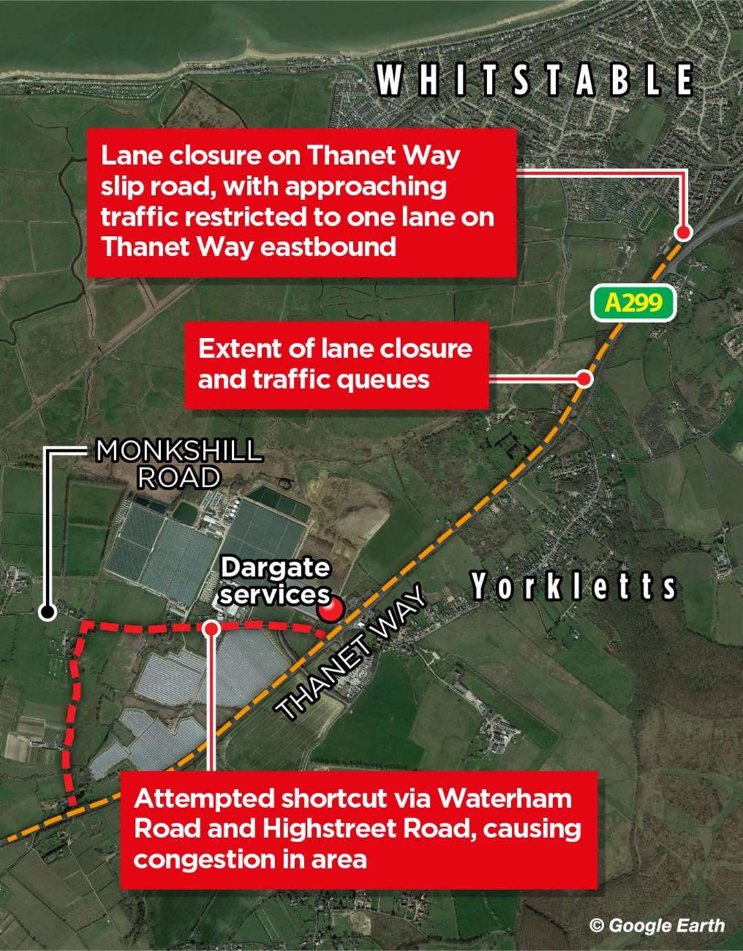 Drivers attempting to take a shortcut off the Thanet Way at Waterham Road are causing delays... while the lane closure on the dual carriageway will remain throughout the week
