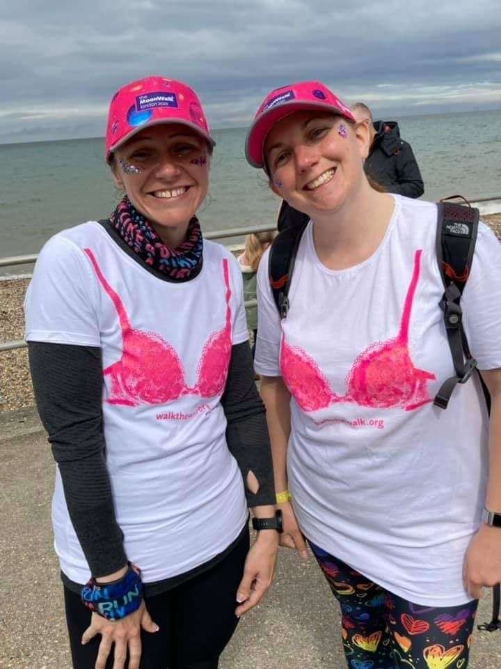 Moonwalkers Steph Gill, left, and Tina Nurden on The Leas at Minster after a marathon effort raising money for cancer treatment on Sheppey. Picture: John Gill