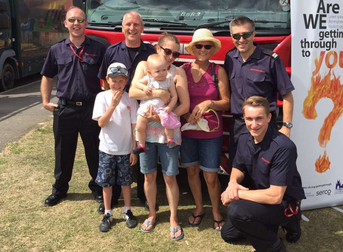 Whitstable crew members Dave Blake, Glenn Jones, Josh Peak and crew manager Graeme Browning with Ruby and mother Rebecca Norton, with nephew Harrison and grandmother Linda