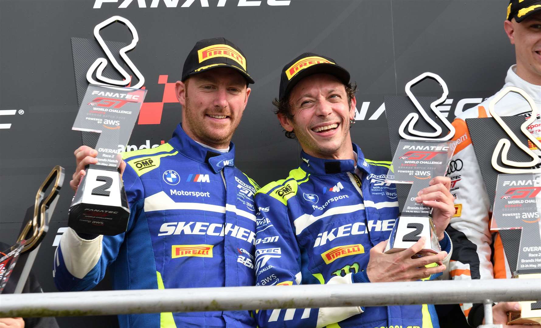 Valentino Rossi, right, and team-mate Maxime Martin celebrate their podium finish at Brands Hatch last year. The pair will return to Kent in May for the opening round of the GT World Challenge Europe Sprint Cup. Picture: Simon Hildrew