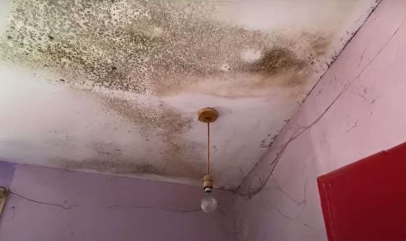 Damp on the ceiling of a room on the first floor.  Image: Clive Emson / YouTube