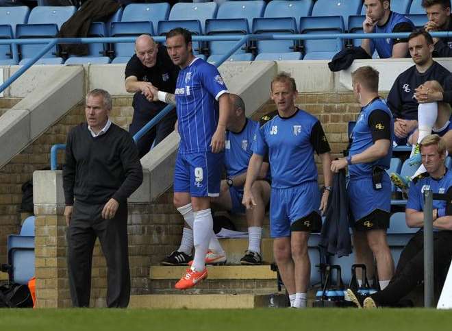 Gills striker Danny Kedwell prepared to come on against Tranmere Picture: Barry Goodwin