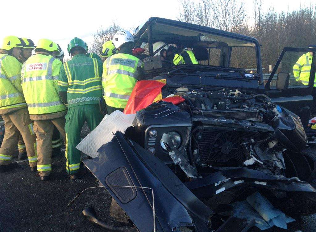 Firefighters cut the driver free and he was taken to hospital