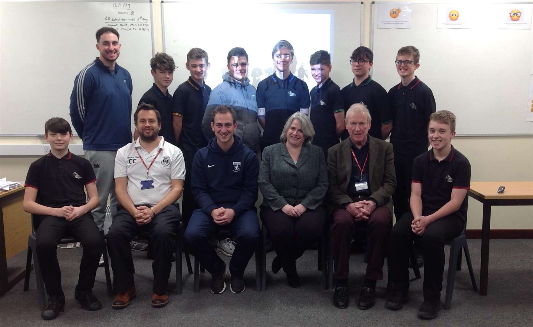 Young refs in the making: Sandwich Technology School pupils with head teacher Tracey Savage, Alan Clarke and Chris Cannon of Deal Town Rangers and Nick Dunn of the Kent Football Association