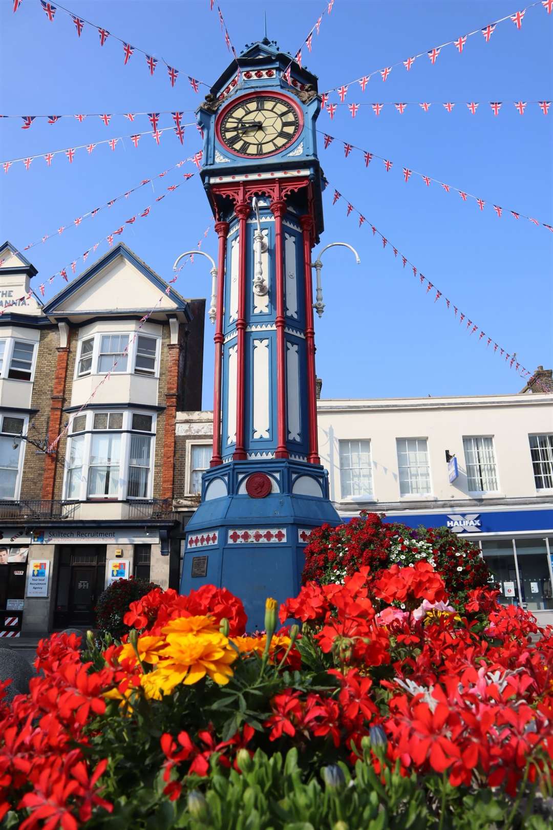 How the red, white and blue Sheerness clock tower looked this summer