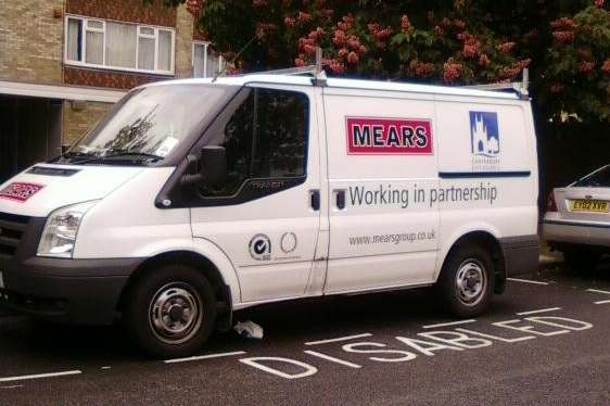 A Mears van parked incorrectly in a disabled bay in Hudson Road, Canterbury