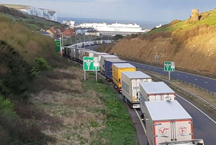A knock-on effect of P&O out of action, the Dover TAP queue as photographed last Thursday. Picture: Sam Lennon KMG
